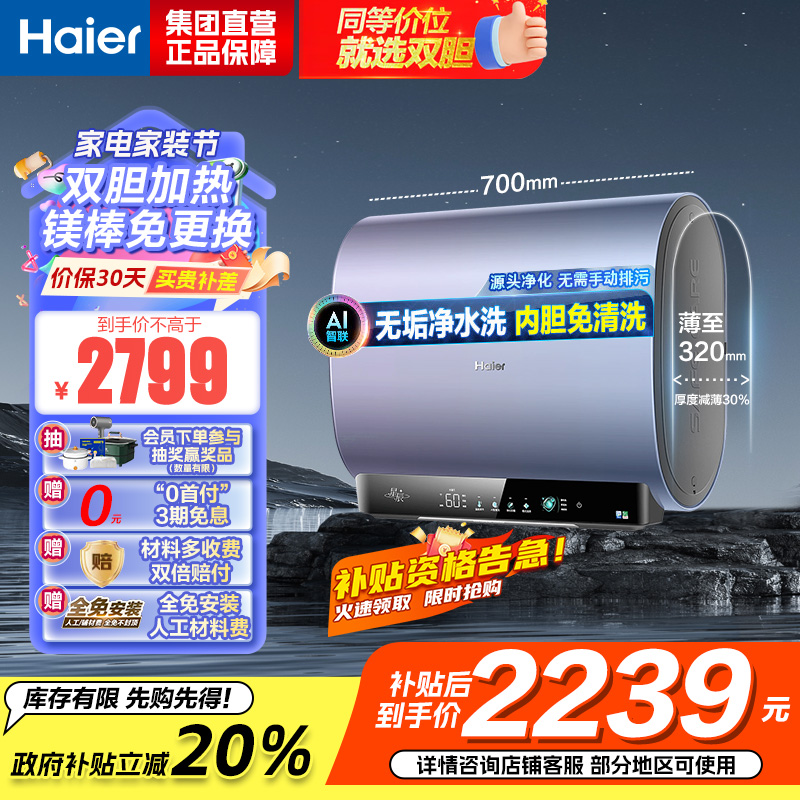 海尔(Haier)60升双胆电热水器家用短款储水式超薄省空间3300w速热净水洗大容量DT7K单/双胆加热镁棒免更换