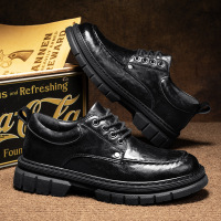 秋季新款超纤皮面黑色工作商务百搭小皮鞋厚底增高系带圆头男鞋