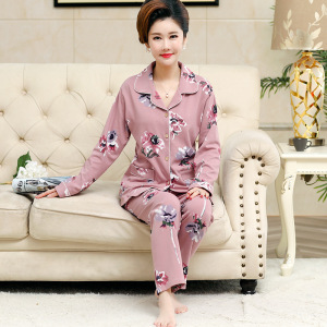 秋冬季新款中老年妈妈睡衣女开衫翻领棉质长袖宽松大码家居服套装