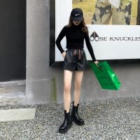 [2.5折价76元]唐狮冬季新款女网红百搭显瘦休闲中短裤皮裤抽绳时尚in潮流