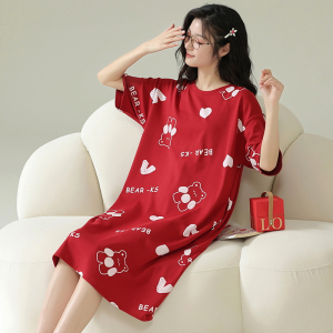 浪莎睡裙女士夏季纯棉短袖夏天卡通可外穿全棉中裙睡衣家居服