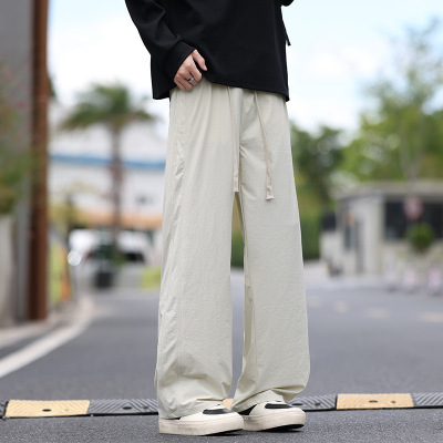 夏季男士冰丝抽绳阔腿裤直筒裤宽松垂感中青年户外通勤长裤子男款
