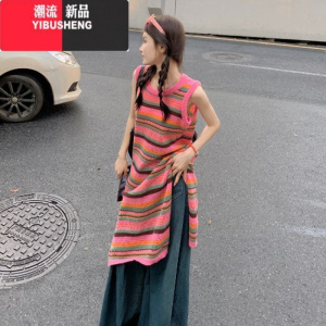 YIBUSHENG彩色条纹罩衫针织背心连衣裙女季长款慵懒宽松长裙吊带叠穿裙子 彩色条纹 均码