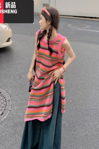 YIBUSHENG彩色条纹罩衫针织背心连衣裙女季长款慵懒宽松长裙吊带叠穿裙子