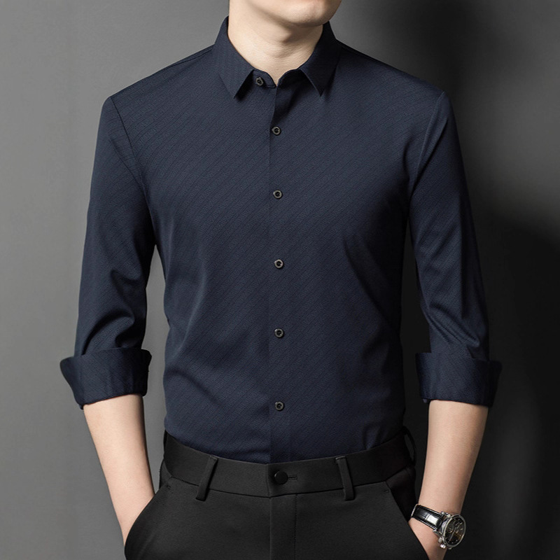 中年衬衫男士长袖春秋季时尚商务休闲男装斜条纹衬衣潮流