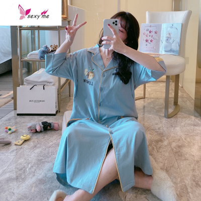 夏季孕妇棉短袖开衫睡衣女宽松中长款哺乳睡裙产后喂奶月子服裙FISHBASKET