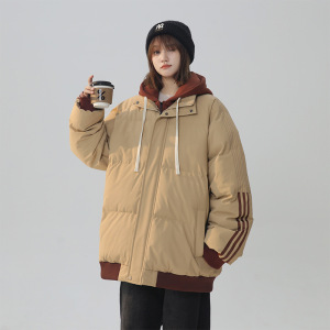 棉服男秋冬季新款情侣宽松百搭假两件潮牌加厚连帽面包服男士外套