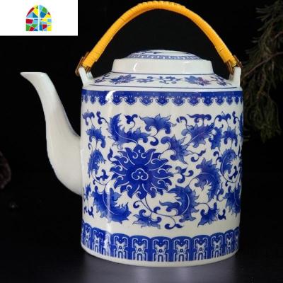 景德镇青花冷水壶陶瓷大容量可高温茶壶凉水壶大号饭店泡茶壶家用 FENGHOU 3.8升心想事成收藏送红绳刷子