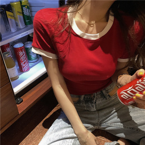 夏季短款韩国女装修身纯色短袖T恤女露脐上衣打底衫衣服
