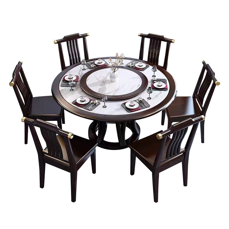 臻远 ZY5110216 岩板餐桌实木圆形餐桌椅组合1.2米圆桌6把餐椅