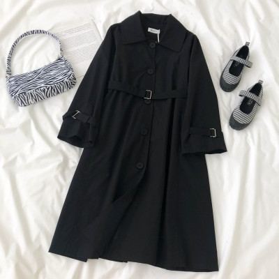 FISHBASKET黑色赫本风黑暗系风衣女大衣外套矮小个子中长款过膝英伦风风衣女黑色均码