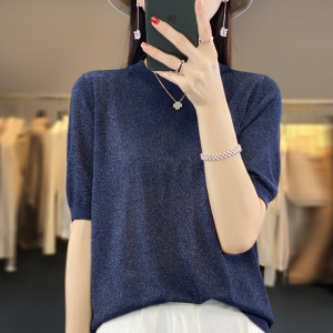 薄款鎏金沙亚麻短袖T恤女夏季新款时尚百搭圆领冰丝半袖女