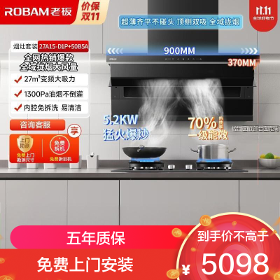 老板(Robam)烟灶套装[小黑翼D1P]顶侧双吸27大风量超薄家用大吸力 D1P+50B5A猛火灶 天然气