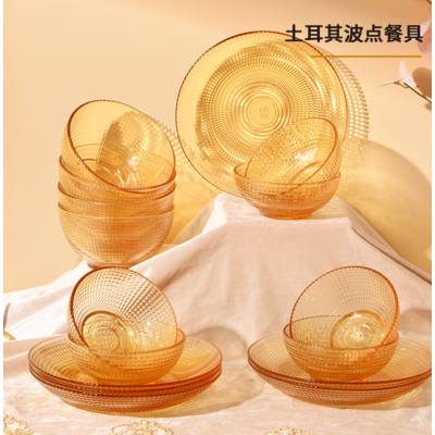 咪酷高硼硅餐具 耐热玻璃 琥珀色 家用可微波 碗具 16件套