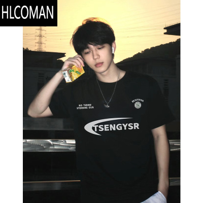 HLCOMAN美式复古字母印花圆领短袖T恤男女夏季休闲百搭情侣上衣潮