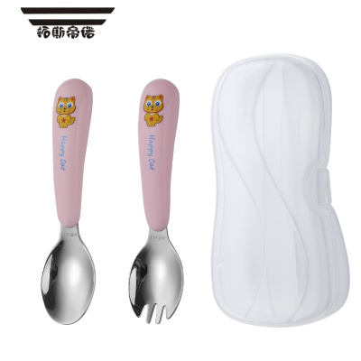 拓斯帝诺304不锈钢儿童勺子叉子家用2岁宝宝学吃饭防烫训练卡通套装不伤嘴黄猫粉柄-直勺+直叉+收纳盒