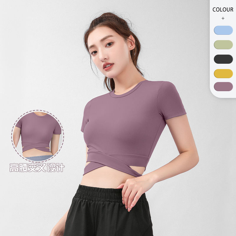 蜜桃露脐交叉短袖夏季修身缝瑜伽服高腰紧身健身上衣女