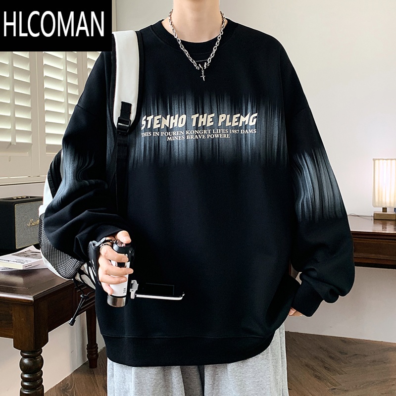 HLCOMAN男士t恤长袖秋季新款宽松百搭扎染卫衣男圆领青少年潮流帅气上衣