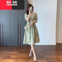 YIBUSHENG绿色碎花连衣裙女2024新款小个子显瘦气质方领a字温柔仙女裙子
