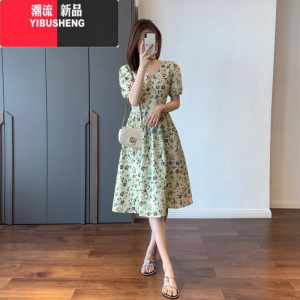 YIBUSHENG绿色碎花连衣裙女2024新款小个子显瘦气质方领a字温柔仙女裙子