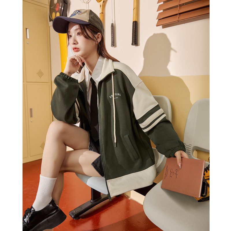 [2.5折价115元]唐狮秋季新款宽松小众设计感拉链卫衣外套女春秋立领休闲上衣