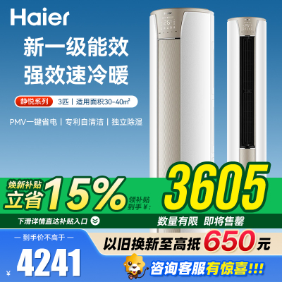 海尔(Haier)3匹 变频 新1级能效 家用空调 自清洁 柜机健康空调KFR-72LW/28KCA81U1(冰雪白)