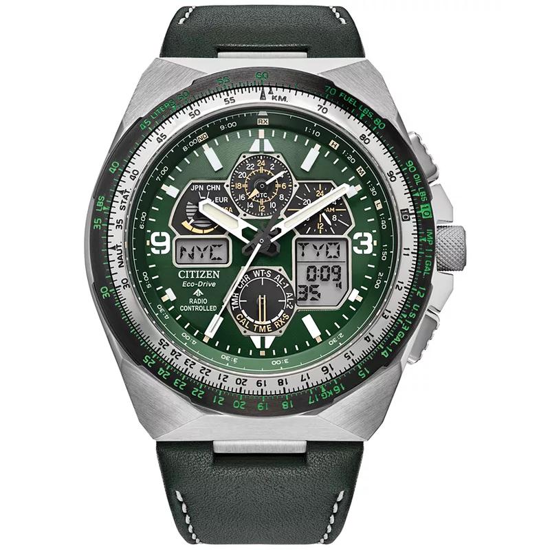 西铁城(CITIZEN)光动能男士多功能石英腕表46mm防水防震计时码表绿皮表带