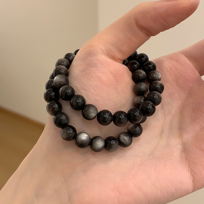 黑曜石素圈手串天然正品猫眼银曜石手链补水情侣礼物时尚配饰送女朋友老婆情人节七夕生日礼物