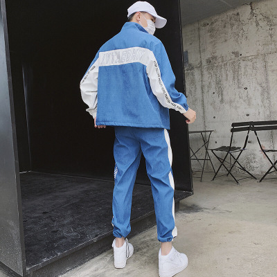 梵克公牛休闲套装男工装2021青年男士卫衣开衫外套个性嘻哈套装春季翻领外套两件套蓝色M