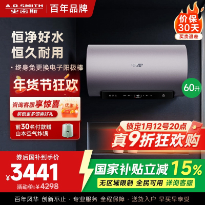 AO史密斯60升电热水器 国家补贴 金圭内胆 双棒分离速热 免换镁棒 免清洗短款 E60ED8-B