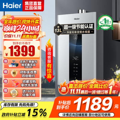海尔(Haier)燃气热水器天然气水伺服恒温家用智能变升多重安防健康洗APP智能节能省气13L [WM5pro]
