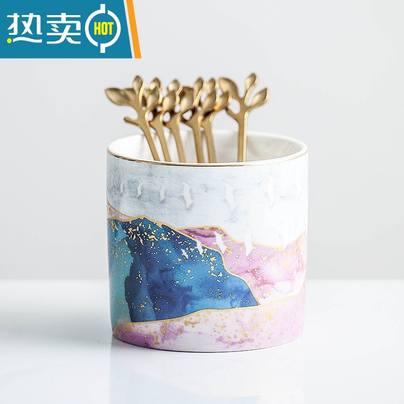 敬平北欧风格创意果叉罐套装叉子家用陶瓷罐子不锈钢水果签果插 抽象红蓝罐一个+6根树叶叉