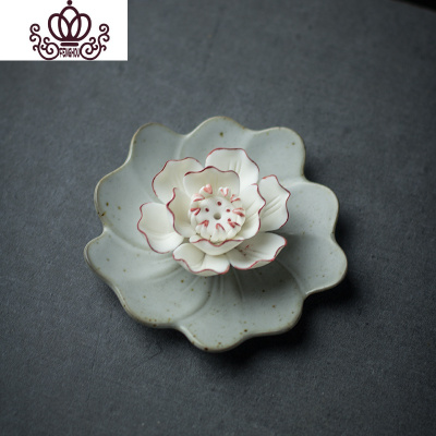 封后创意仿古陶瓷香炉莲花线香香薰炉家用居室托盘香薰炉熏香炉摆件白梅莲香香薰灯炉/器具