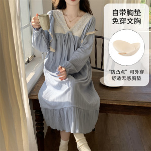 带胸垫睡裙女秋冬季长袖甜美可爱卡通中长款连衣裙大码外穿家居服