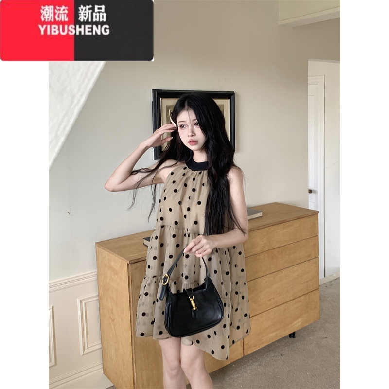 YIBUSHENG法式无袖系带挂脖波点连衣裙女季新款气质小个子宽松短裙裙子