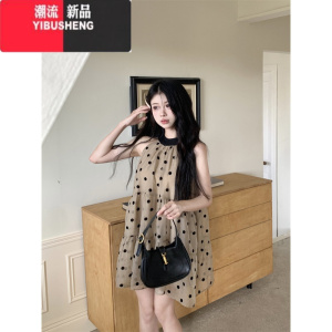 YIBUSHENG法式无袖系带挂脖波点连衣裙女季新款气质小个子宽松短裙裙子