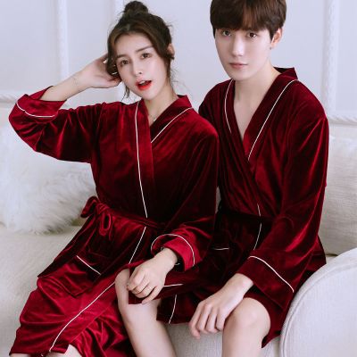 SleepyBear新款男女式情侣睡袍春秋季金丝绒浴袍红色结婚新娘晨袍睡衣家居服