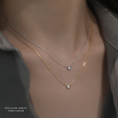 s925纯银单钻六爪锆石项链女轻奢时尚吊坠简约韩版精致锁骨链潮流送女朋友老婆情人节七夕生日礼物