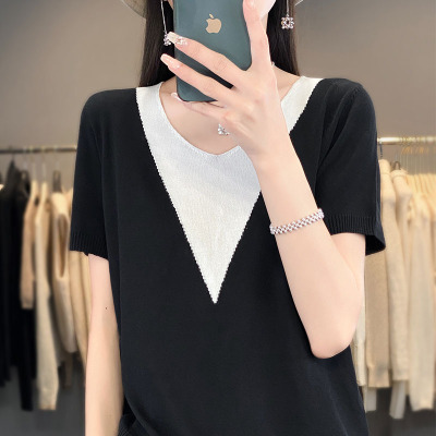 撞色V领T恤夏季新款简约拼色宽松短袖套头薄冰丝假两件女上衣_1