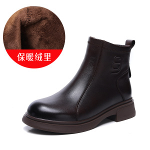 头层牛皮短靴女冬季新款保暖加绒复古百搭粗跟防滑拉链马丁靴
