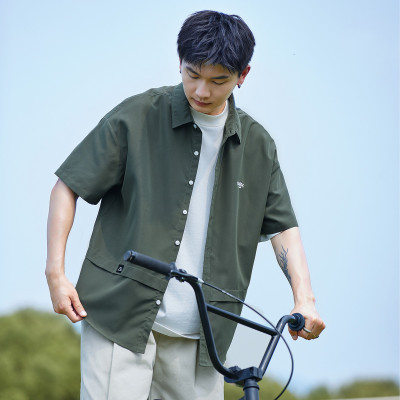 [1.5折价58元]唐狮短袖衬衫男小细节拼接短袖衬衫男士短袖衬衫短袖衬衫男夏季