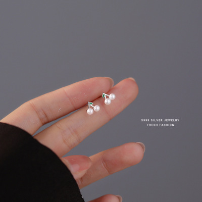 999足银圆珠樱桃耳钉女韩系小清新学生ins风潮流免摘耳环耳饰代发送女朋友老婆情人节七夕生日礼物