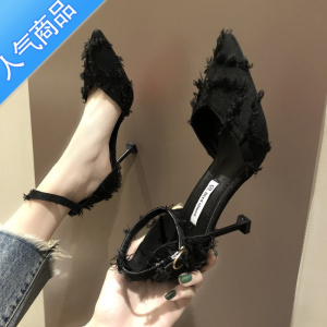 SUNTEK一字扣尖头凉鞋女2023春季少女百搭黑色细跟法式高跟鞋设计感单鞋