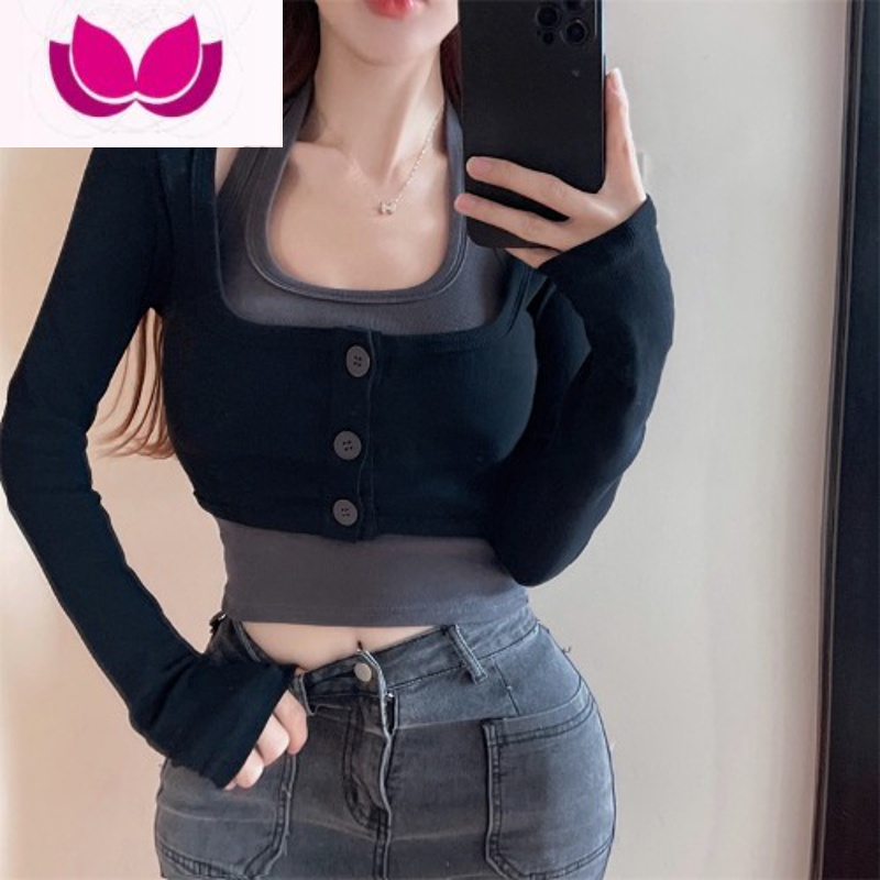 七斓春装领修身长袖t恤女纯欲甜辣妹性感短款上衣挂脖抹胸吊带套