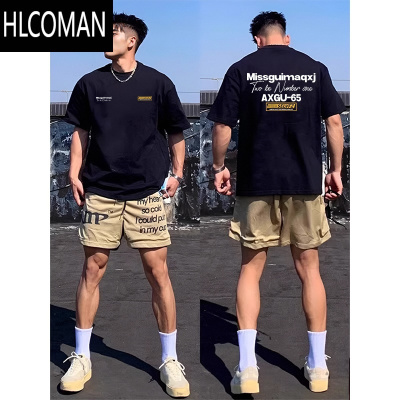 HLCOMAN美式潮牌个性嘻哈印花黑色短袖T恤男款夏季圆领上衣半袖