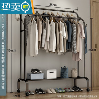 敬平简易衣帽架衣柜式晾衣架落地家用卧室大容量室内衣服收纳挂衣架子 125cm-[升级款]黑色双杆+单层置物网+滑轮底座