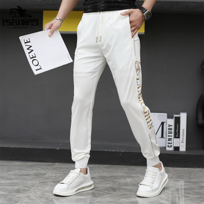 传奇保罗（CHUANQIBAOLUO）2021夏季薄款白色字母烫印男裤潮流休闲裤男长裤子修身束脚裤收脚