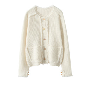 秋冬新款纯色山羊绒开衫女针织外套小香风上衣宽松慵懒风显瘦外套