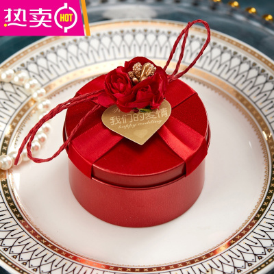 结婚礼喜糖盒子马口铁盒个性糖果盒包装盒创意圆形金色欧式伴娘FENGHOU玫瑰红+红色花成品空盒（成品如图）