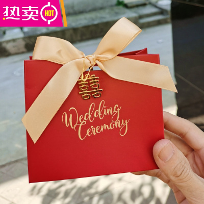 结婚喜糖盒子礼品盒婚庆用品个性欧式糖盒创意结婚喜糖包装FENGHOU酒红色纸盒+香槟丝带+喜大号